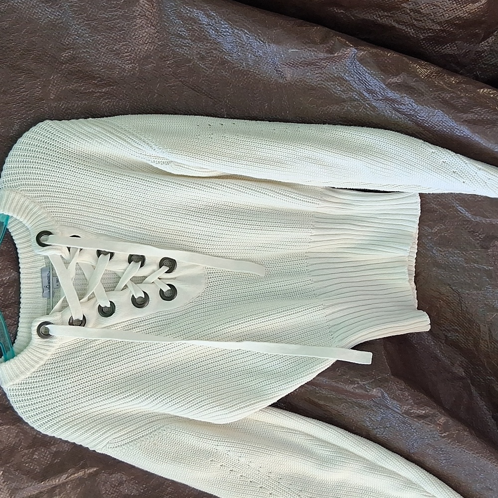 Olivia Warren Cream Lace-Up Sweater